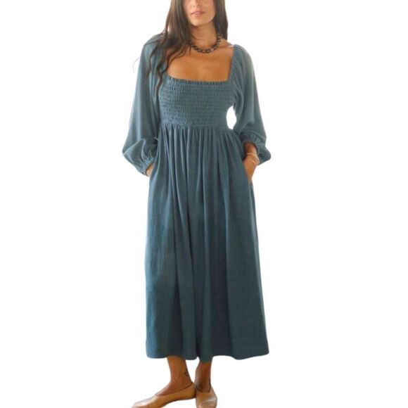 Rachel Pally Women's Dusty Teal Louise Midi Smocked Dress Size XS - Picture 1 of 8
